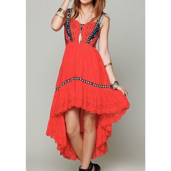 Free People Bossa Nova Eyelet Boho Hi-Low Maxi Dress Red Sz 4 NWOT rare - Picture 2 of 15